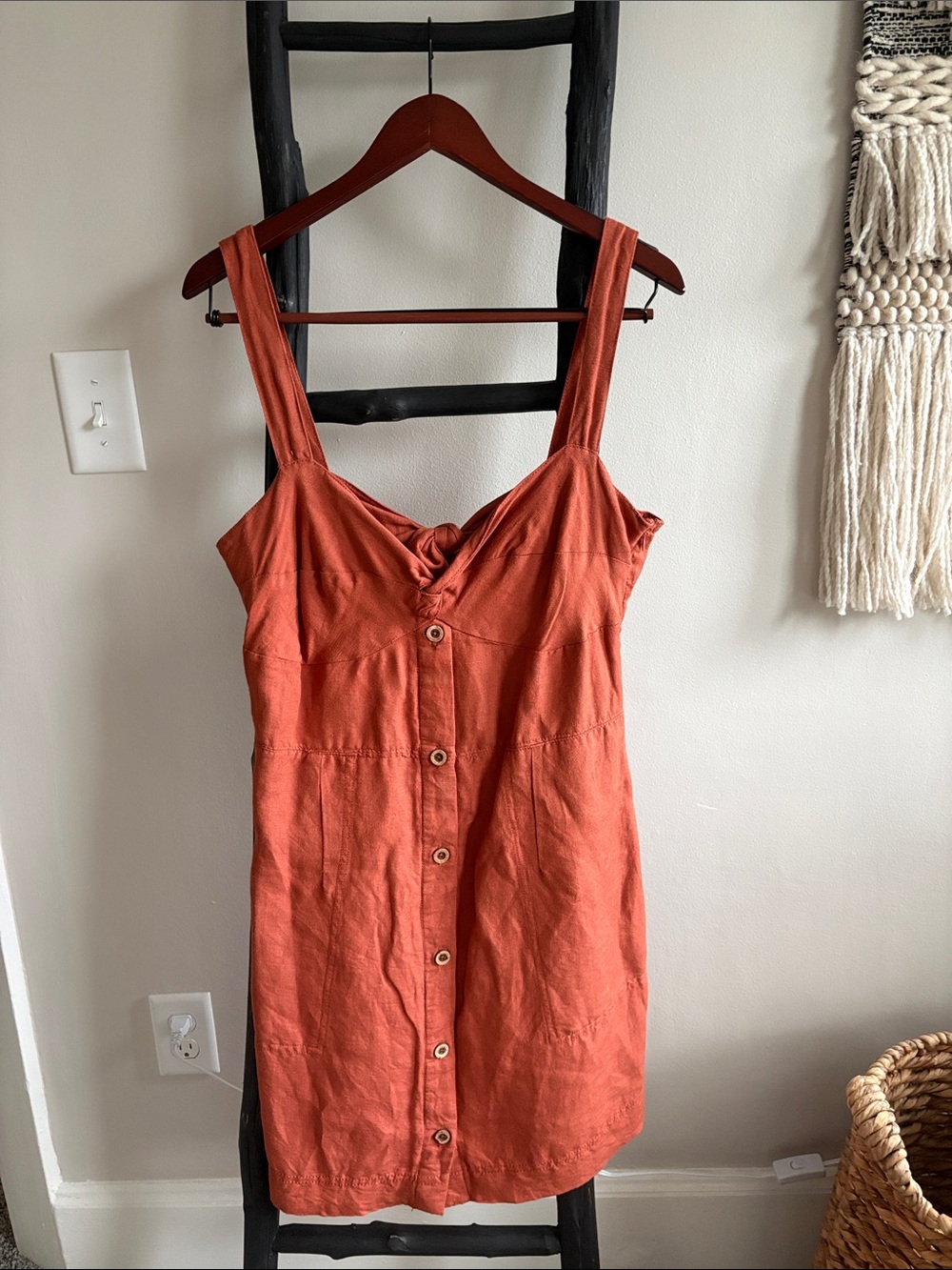 Anthropologie Maeve Rust Button Down Linen Blend Mini Dress with Knot Back. Sz L